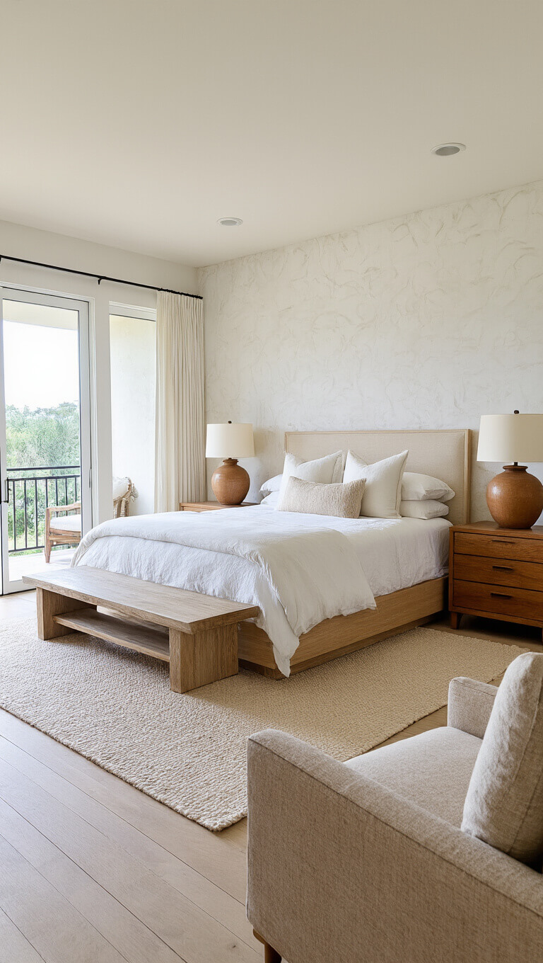 Bright master bedroom with sliding glass doors, platform bed, rosewood nightstands, and ceramic lamps.