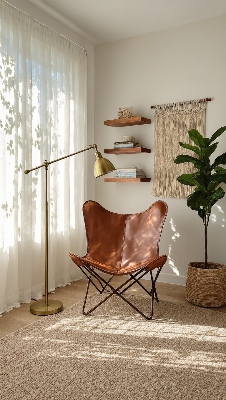 Detail of a cozy reading nook with leather butterfly chair, brass floor lamp, walnut shelves, and earth-toned tapestry, bathed in soft afternoon light with leaf shadows.