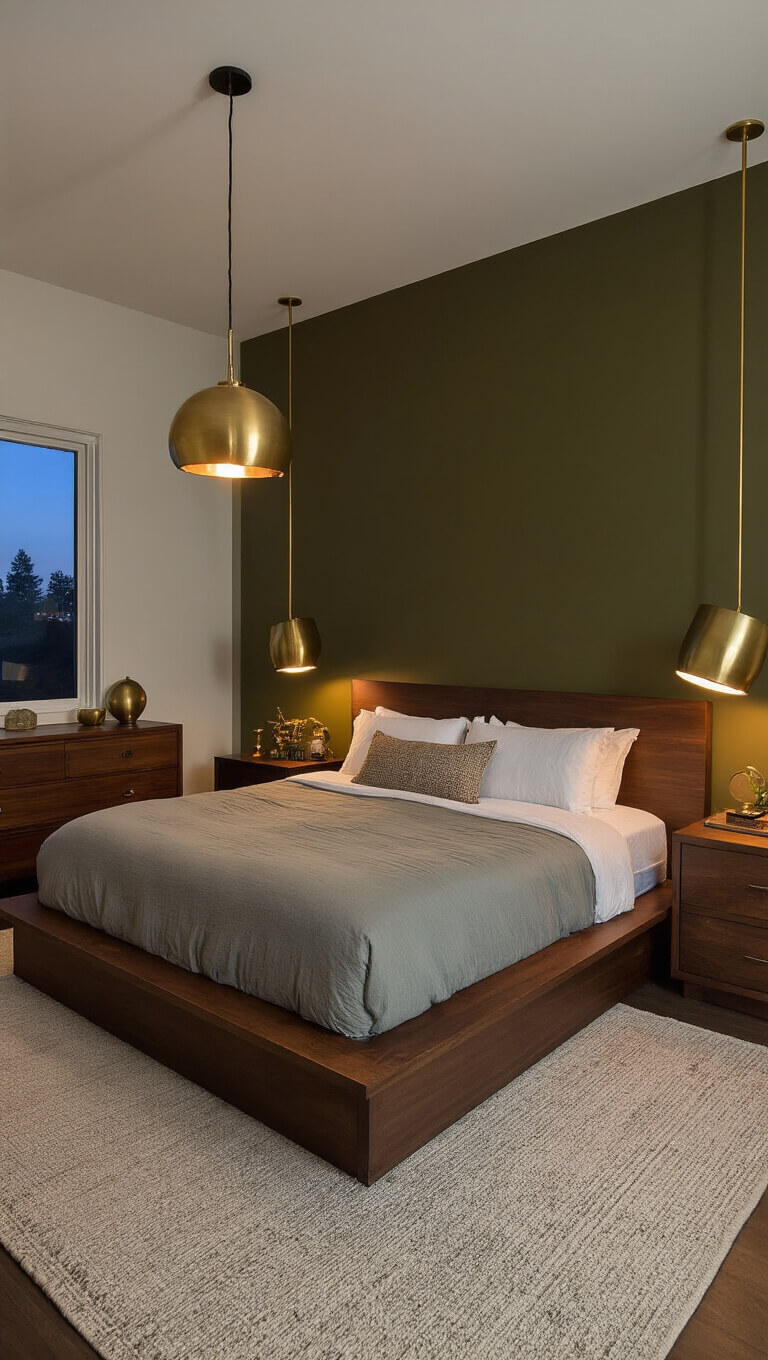 Minimalist 16x14ft bedroom at twilight with low platform bed, deep olive accent wall, warm pendant lighting, and brass decor details.