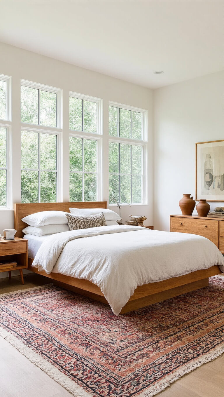 Bright, airy bedroom with teak bed frame, vintage Moroccan rug, ceramic vessels, and architectural grid window in morning light.