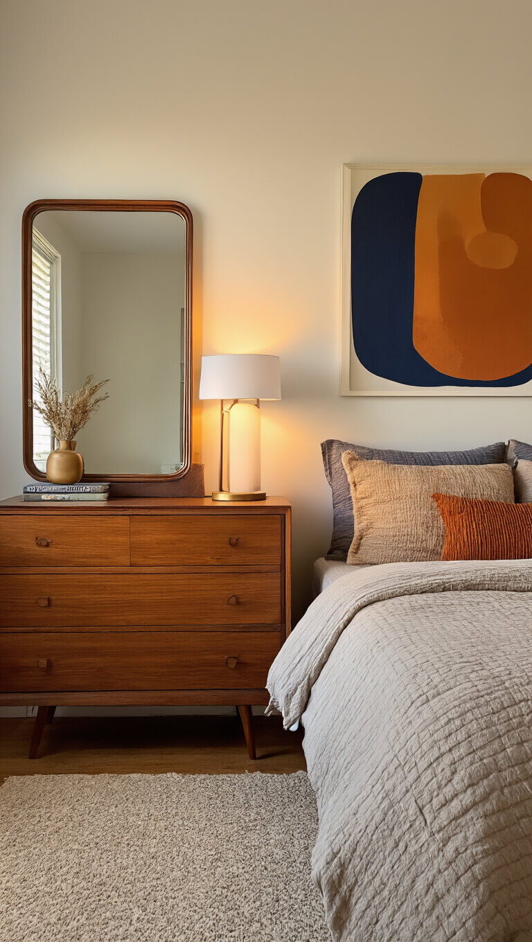 Cozy 12x14ft bedroom nook at sunset with walnut mid-century dresser, vintage mirror, modern lamp, abstract art, and textured neutral bedding.