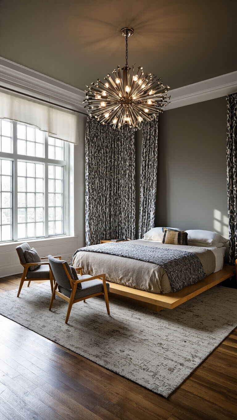 Mid-century modern bedroom suite with platform bed, atomic chandelier, vintage chairs, and graphic curtains in a spacious 15x17ft layout.