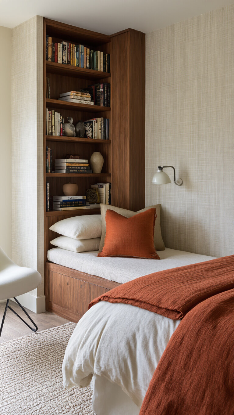 Serene bedroom alcove with built-in walnut shelves, Eames chair, textured wallpaper, and layered ivory and rust bedding in soft morning light.