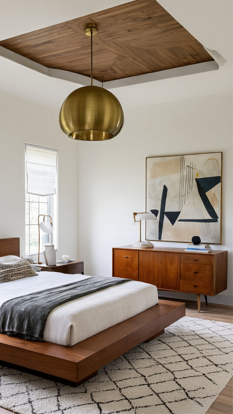 Elevated view of a 16x18ft bedroom with architectural ceiling, brass pendant light, teak platform bed, vintage credenza, modern decor, and geometric rug.