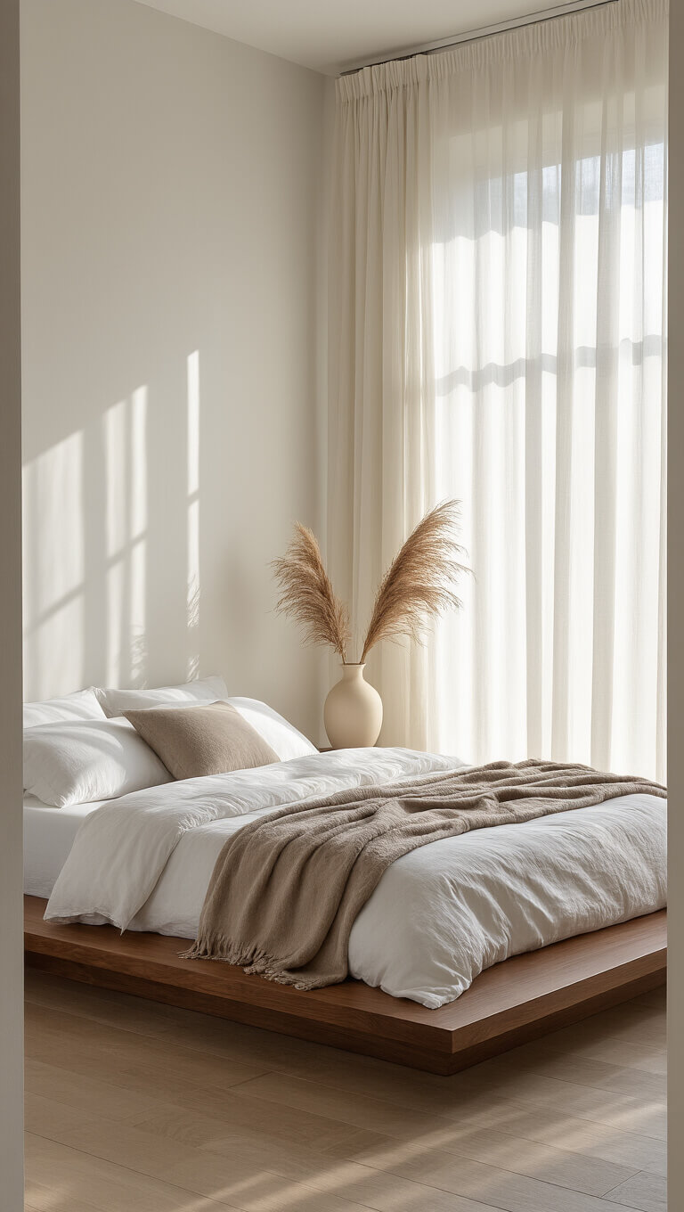 Minimalist 14x16ft bedroom with walnut platform bed, white linen bedding, taupe throw, and pampas grass in ceramic vase, bathed in soft morning light.