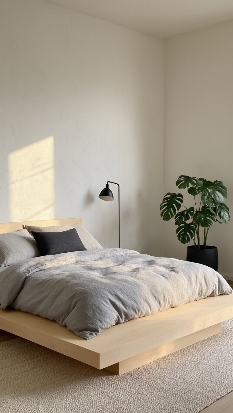 Corner view of a 12x14ft Japandi-style bedroom with pale birch platform bed, layered neutral bedding, black floor lamp, and monstera plant, bathed in warm golden hour light.