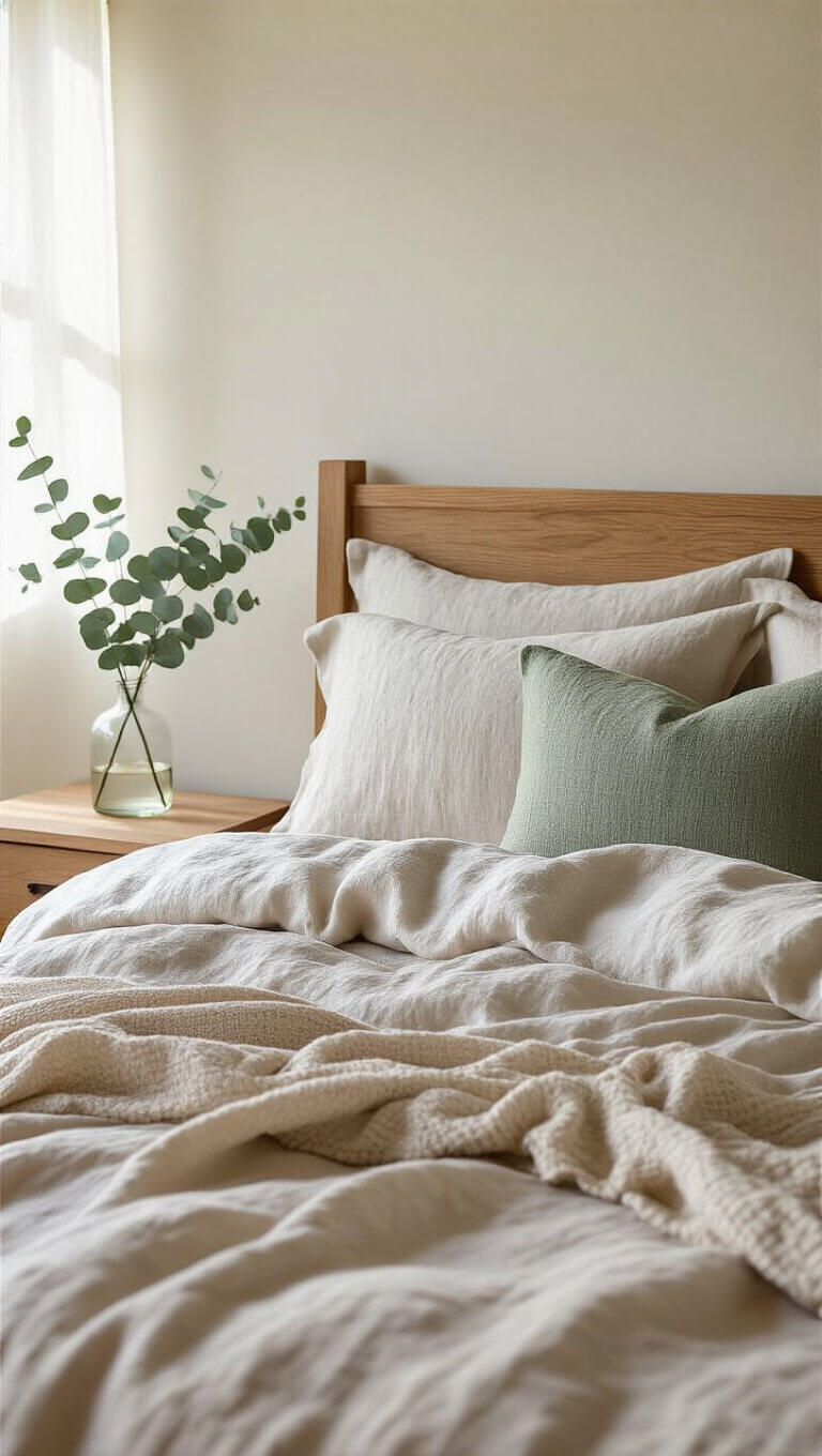 Close-up of layered bone white linen bedding on oak bed frame with sage and cream throw pillows, eucalyptus in glass vase on wooden shelf, in soft afternoon light.