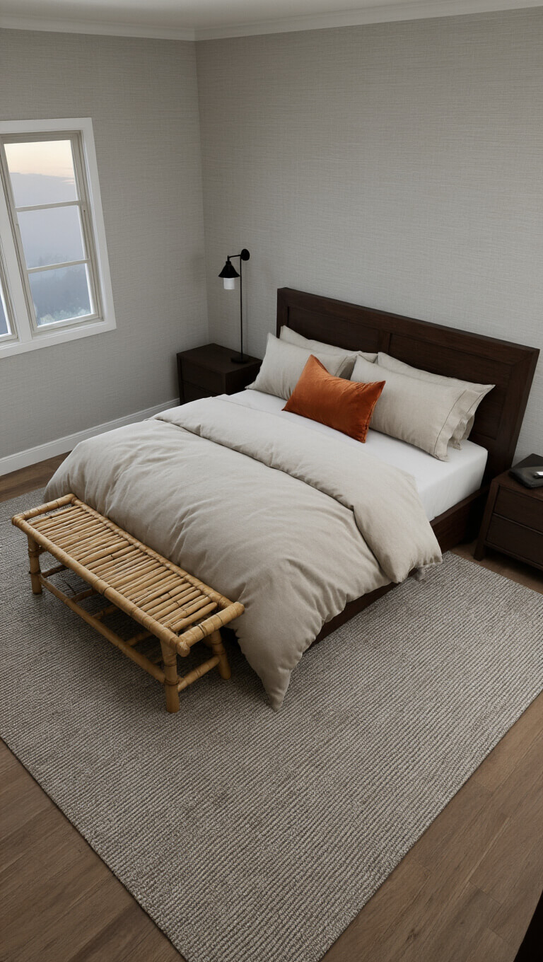 Zen-inspired master bedroom at dusk featuring dark walnut low-profile bed, neutral linen bedding with rust silk accent pillow, pale gray grasscloth walls, black metal sconces, and bamboo bench at foot of bed.