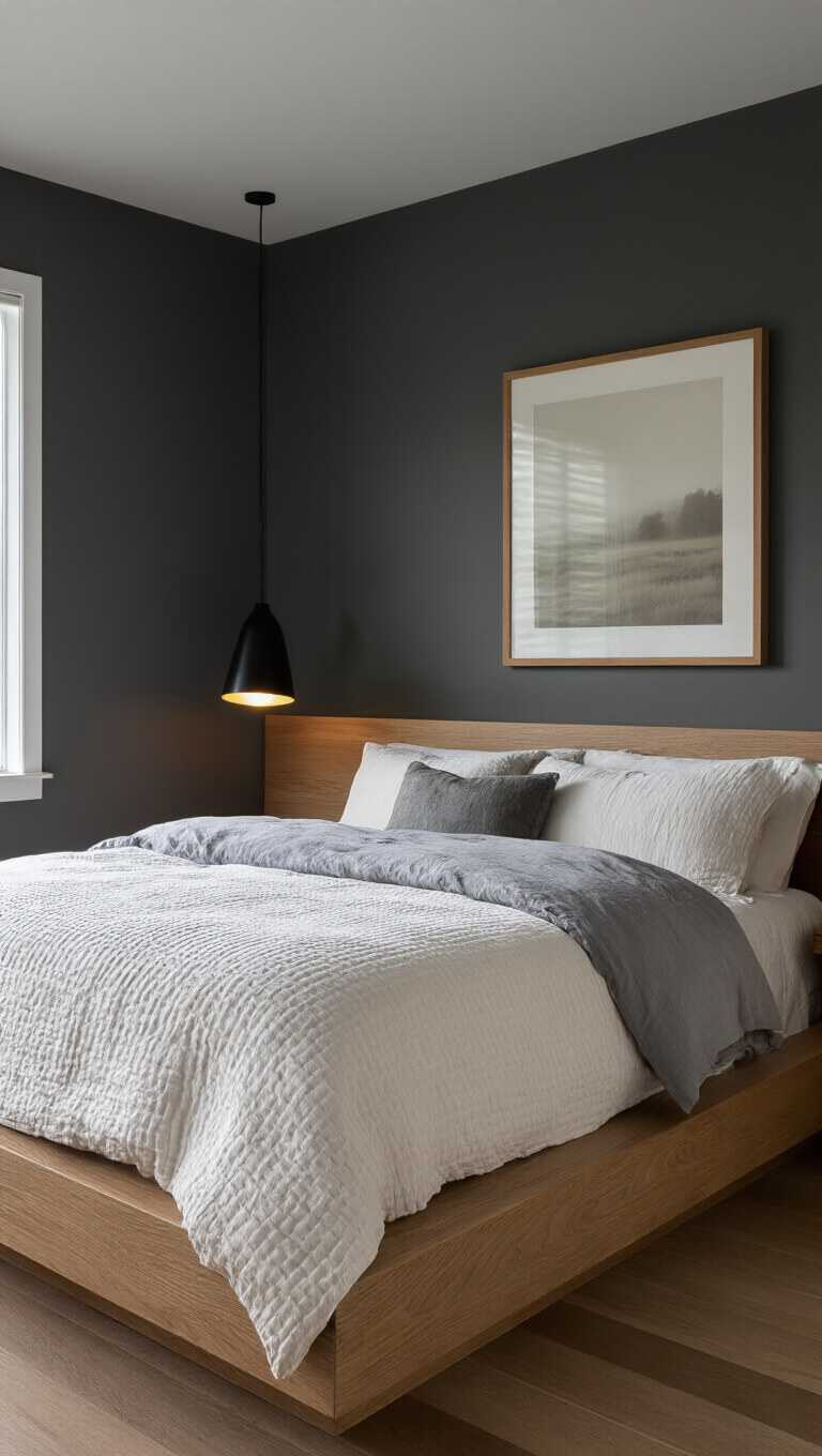 Moody evening bedroom with low platform bed, fog gray and ivory bedding, black ceramic lamp, and minimalist artwork above bed in soft mixed lighting.