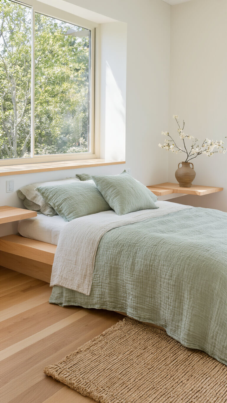 Close-up of sunlit bedroom corner with light maple platform bed, linen bedding, grass mat on oak floor, and ceramic vase holding cherry blossom branch.