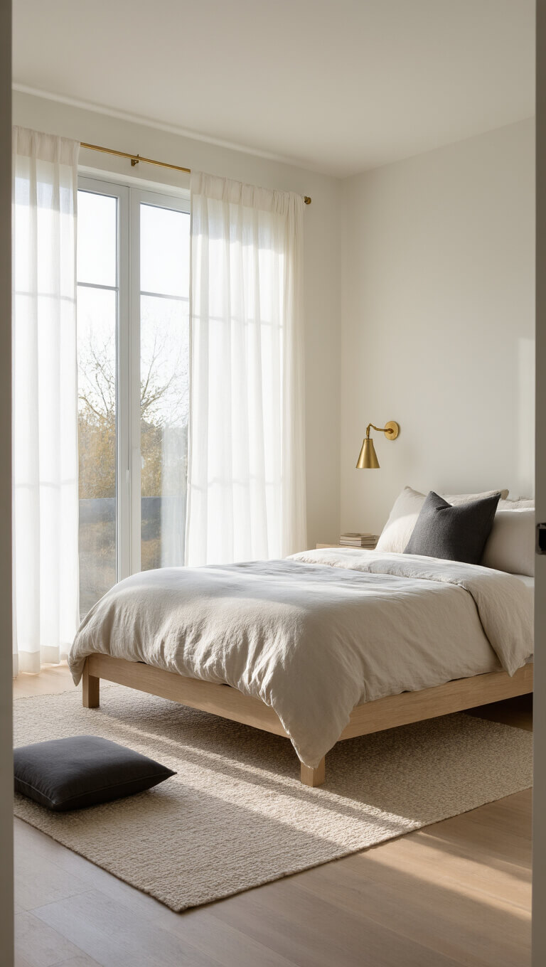 Minimalist 12x15ft bedroom at dawn with low-profile whitewashed oak bed, soft neutral bedding, sheer floor-to-ceiling curtains, brass wall light, and meditation cushion in corner.