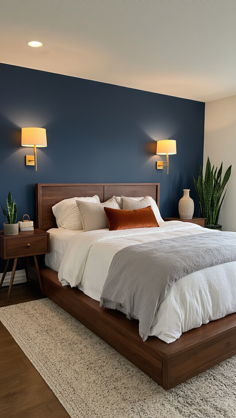 Elegant 15x17ft master bedroom at twilight with walnut platform bed, navy accent wall, layered neutral bedding, rust velvet pillow, ceramic lamps, and snake plant.