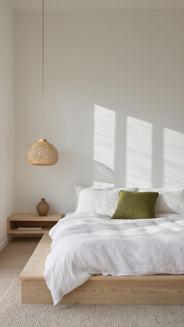 Minimalist airy bedroom with floating ash wood bed, white linens, olive green pillow, and pendant light casting shadows.