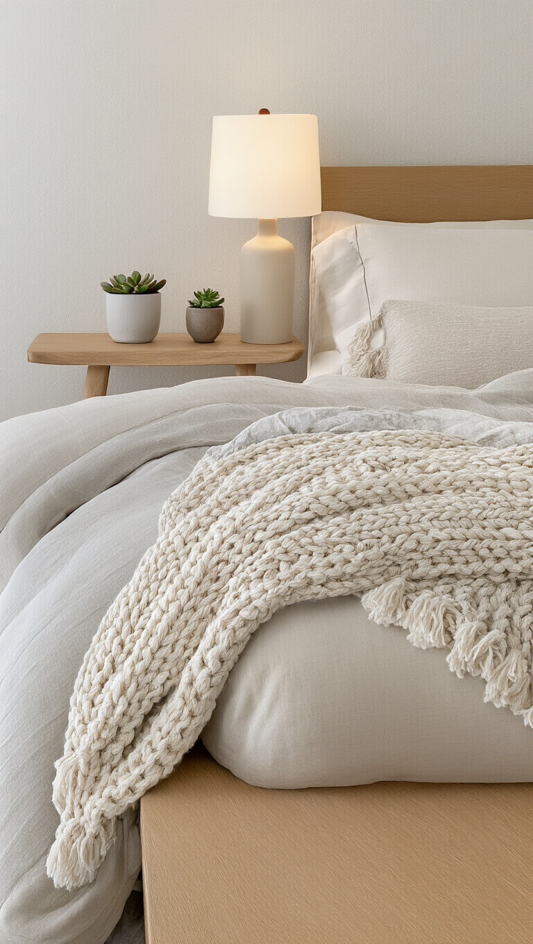 Close-up of cozy 11x13ft bedroom with oak platform bed, cream and oatmeal bedding, pale gray knit throw, ceramic lamp with paper shade, and small potted succulent on integrated nightstand.