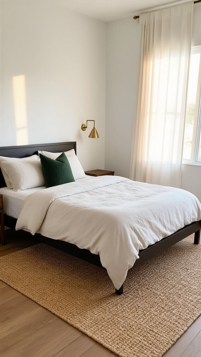 Sunlit minimalist bedroom with platform bed, natural linen bedding, green pillow, brass sconce, and woven reed mat.