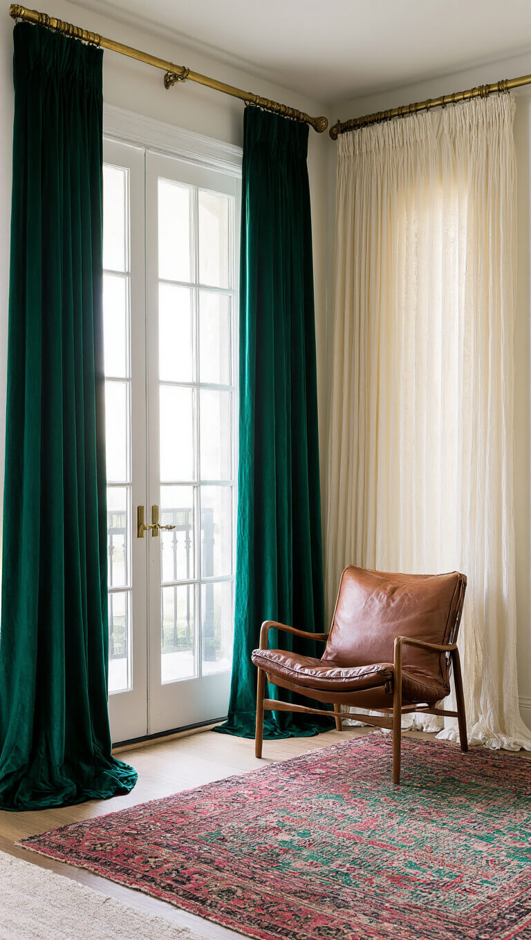 Low-angle view of a cozy bedroom corner at magic hour with tall emerald velvet curtains layered over cream crochet panels, ornate brass curtain rod, leather reading chair, and vintage Moroccan rug in faded jewel tones.