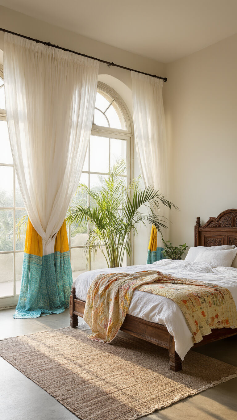 Airy 16x18ft bedroom at dawn with arched windows, billowing white and colorful Indian cotton curtains, carved wooden bed with white linens and Kantha quilts, potted palms, and soft cool morning light.