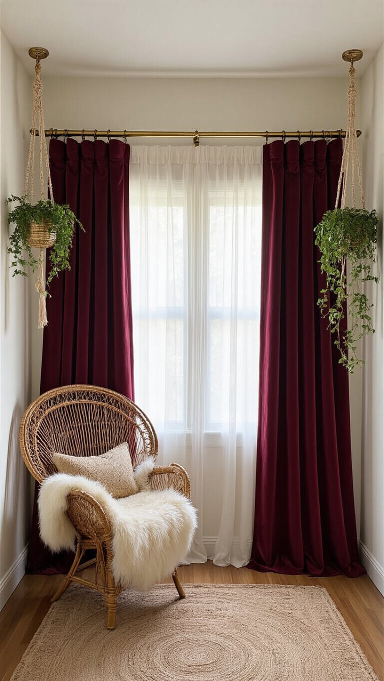 Cozy 10x12ft bedroom alcove at dusk with burgundy velvet curtains, vintage brass rods, rattan peacock chair with faux fur, hanging plants in macramé holders, and warm lighting highlighting metallic accents.