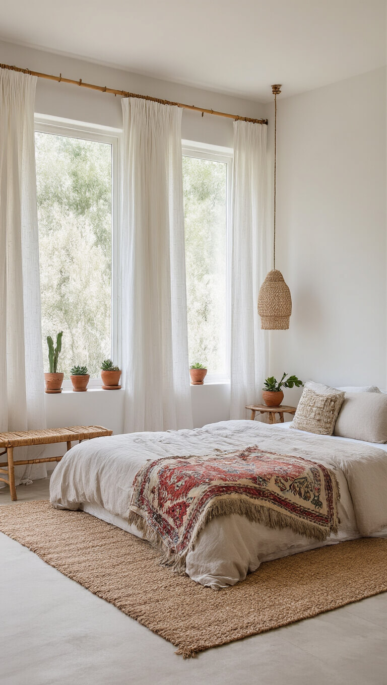 Minimalist boho bedroom with white muslin curtains, low bed with Moroccan blanket, succulents in clay pots, and soft natural light from clerestory windows.