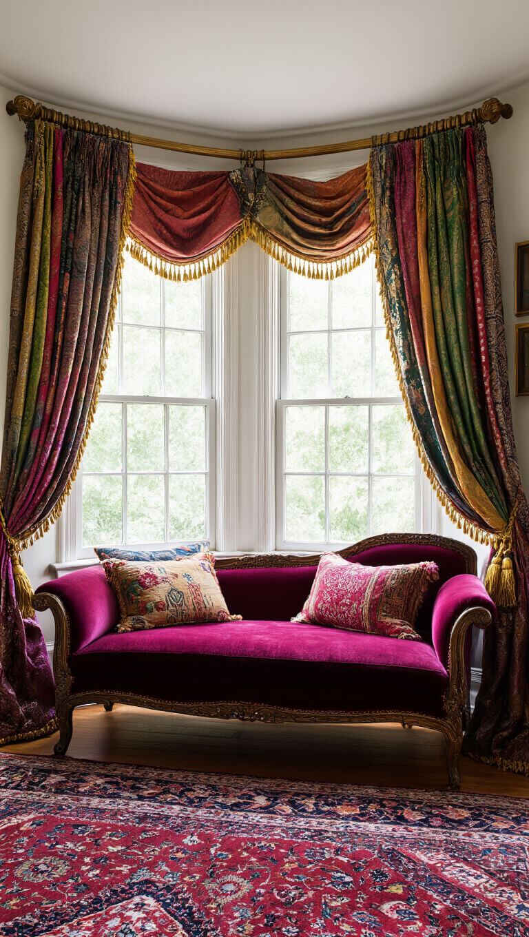 Maximalist bedroom corner with vintage sari curtains, velvet chaise, Persian rug, and rich textile details in dramatic lighting.