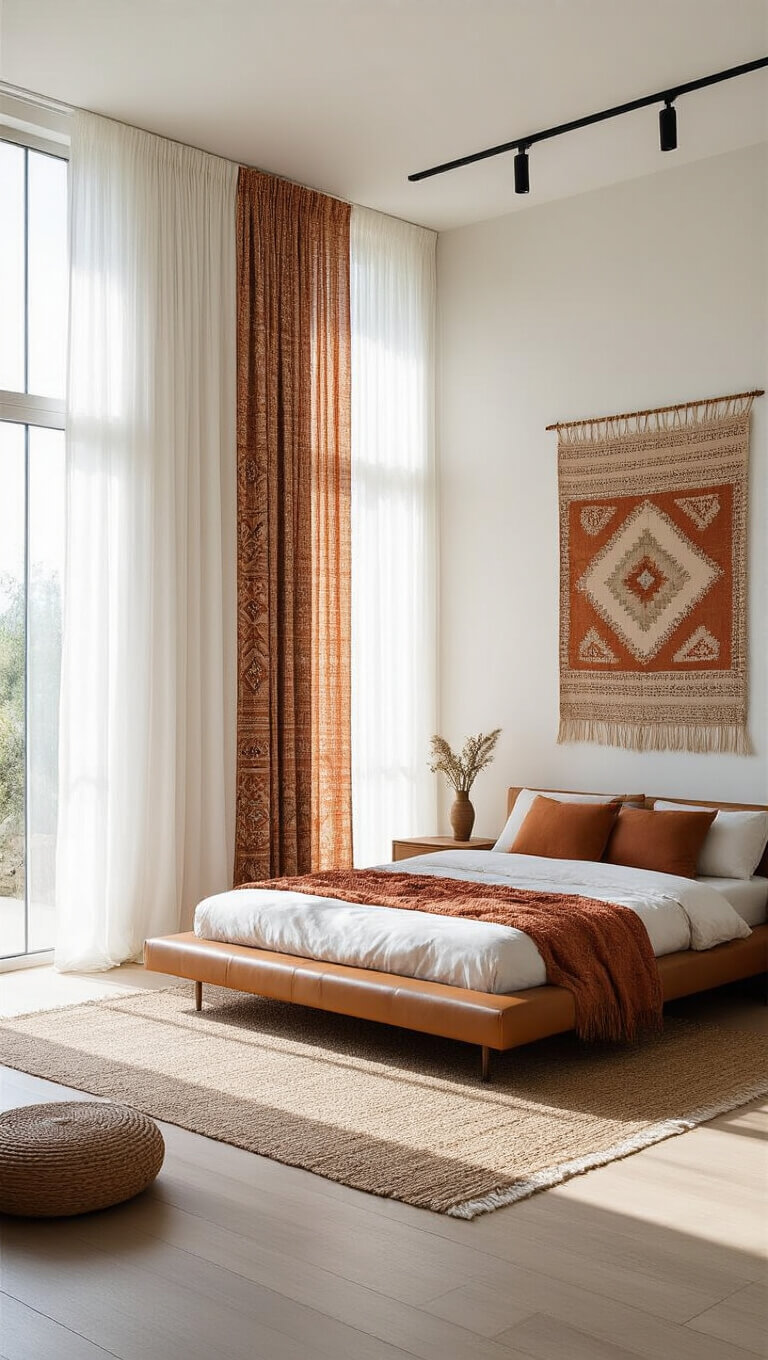 Contemporary boho bedroom with floor-to-ceiling windows, sheer white curtains with geometric panels, low leather platform bed, and handwoven wall tapestry in natural light.