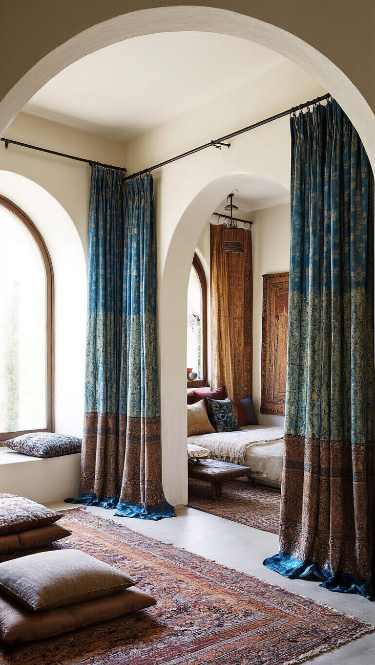 Global fusion bedroom with batik curtains, hand-painted silk panels, floor cushions, low tables, and global artifacts in natural and accent lighting.