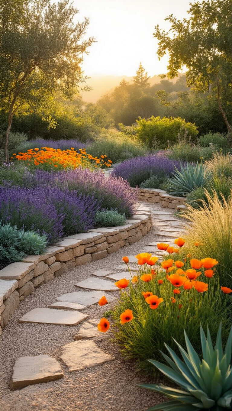 Wide-angle view of a terraced California native garden at golden hour with sage, poppies, succulents, and winding decomposed granite path.