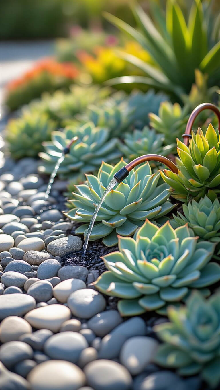 Close-up of modern drip irrigation system in succulent garden with river rocks, crushed glass mulch, and copper components glistening in sunlight.