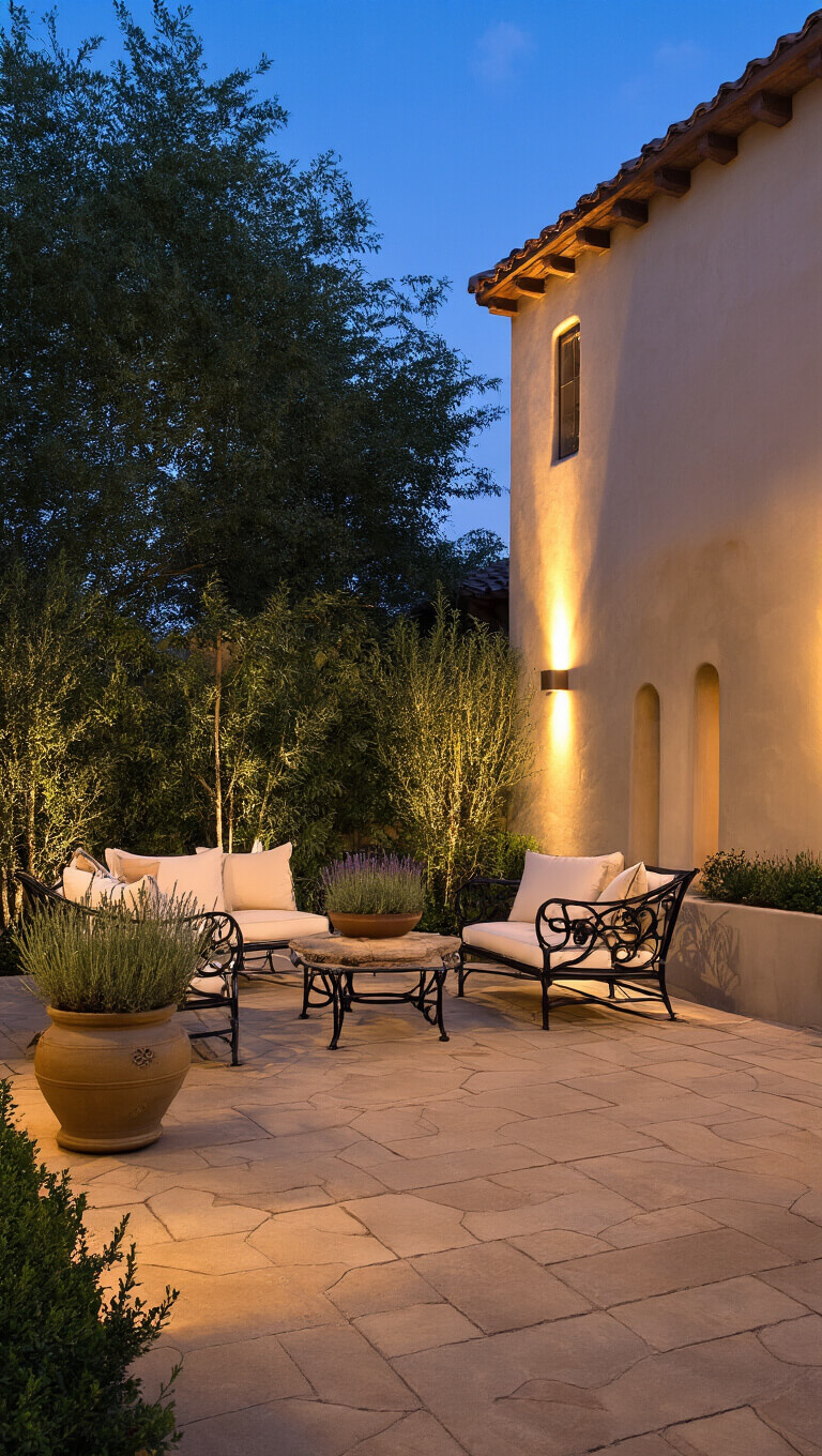 Mediterranean-style courtyard at dusk with sandstone flagstone, potted herbs, stucco walls, and wrought iron furniture under soft LED lighting.