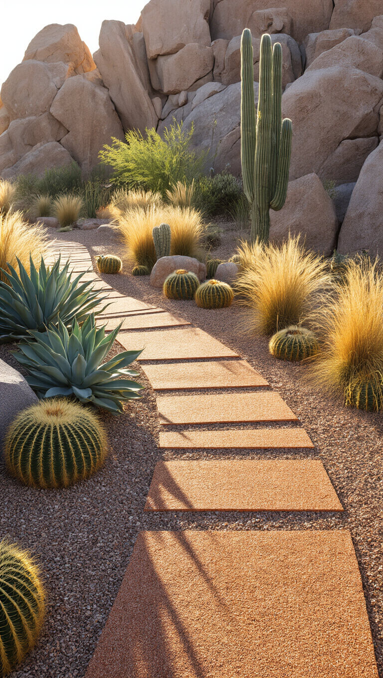 Desert-modern front yard with boulders, cacti, agave, and crushed granite paths in morning light.