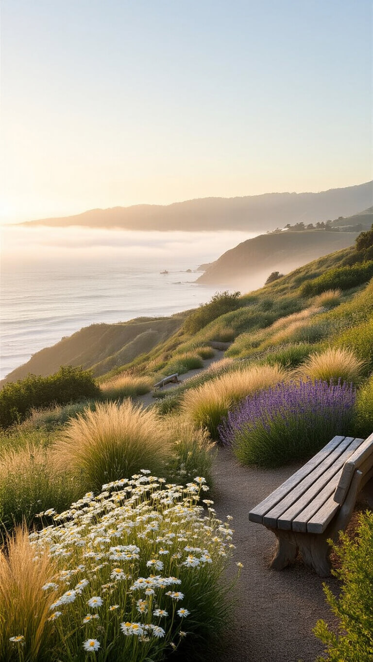Terraced coastal California garden at sunrise with native grasses, yarrow, salvia, driftwood accents, weathered benches, and ocean view through morning fog.