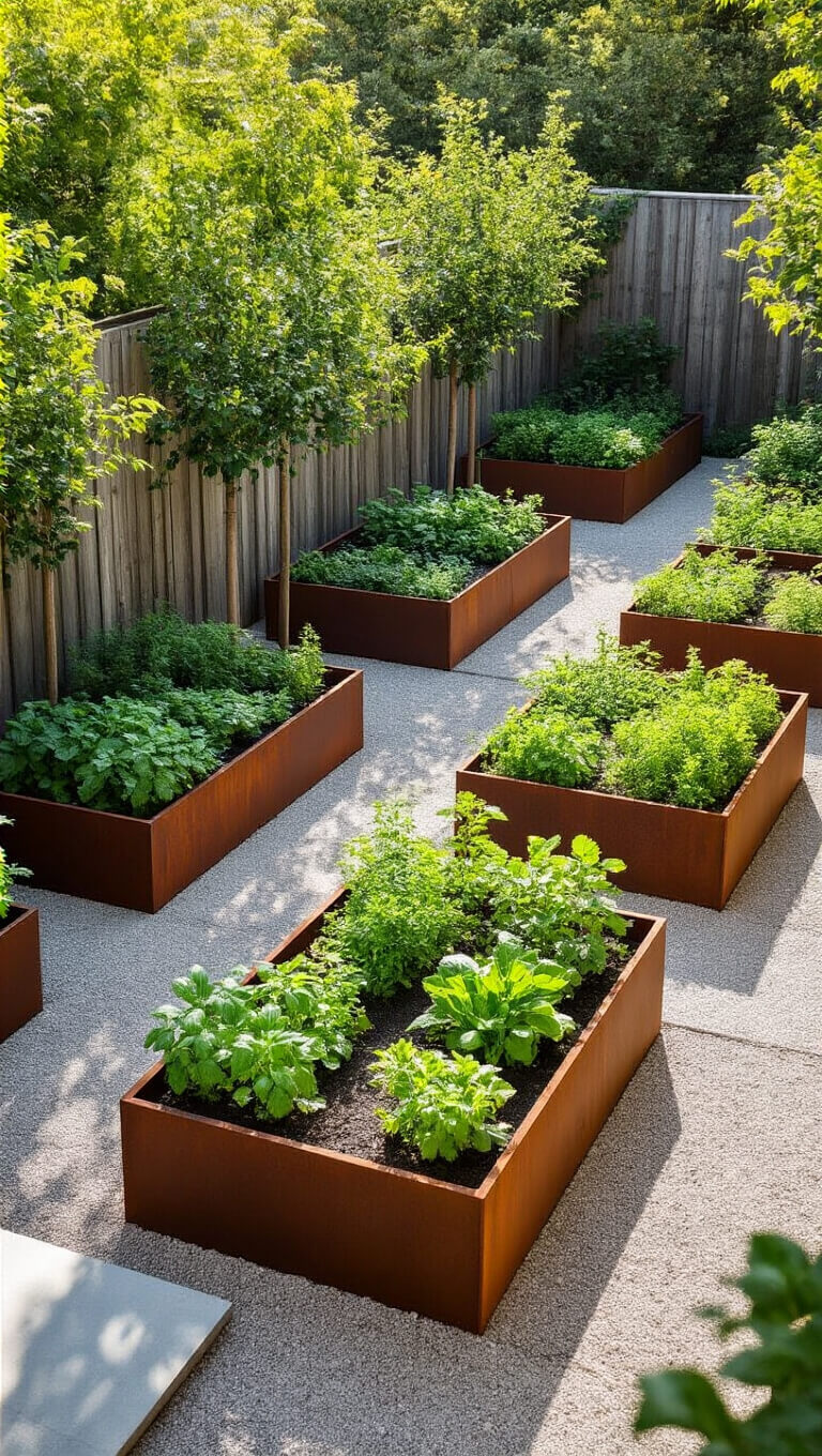 Aerial view of modern urban edible garden with geometric raised Cor-ten steel beds, espaliered fruit trees, gravel paths, and industrial design elements in afternoon light.