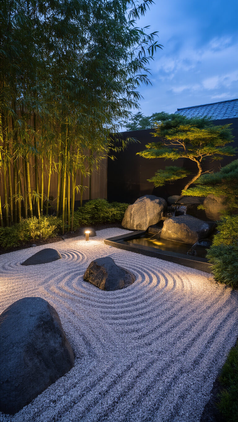 Zen-style meditation garden at twilight with raked gravel, boulders, bamboo, Japanese maples, stone water basin, and soft landscape lighting creating tranquil shadows.