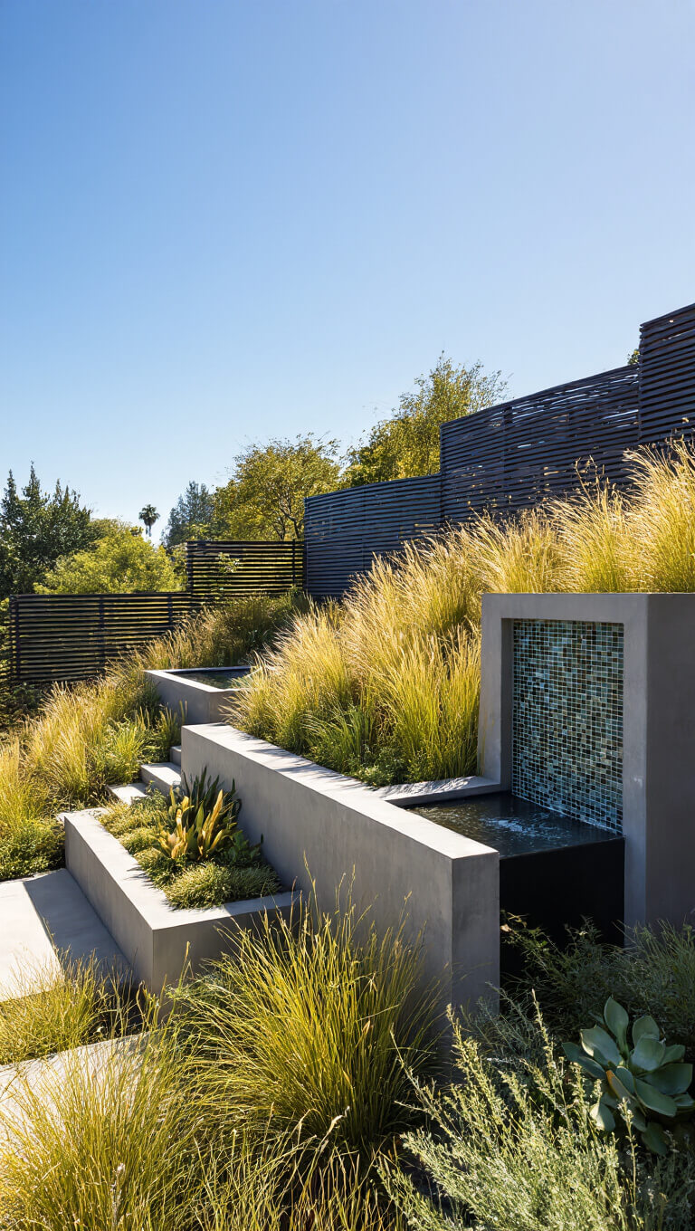 Modern hillside garden with steel retaining walls, drought-tolerant plants, and glass tile water feature under bright midday sun.