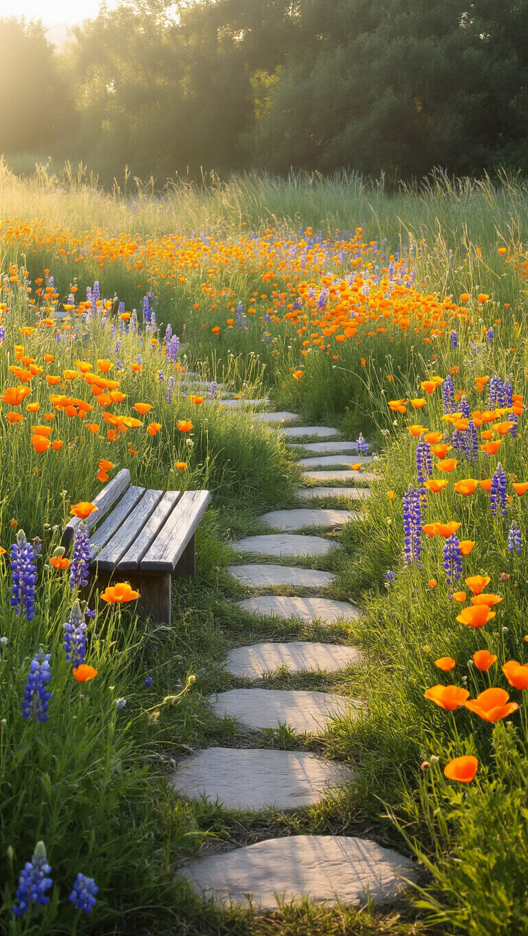 Backlit native wildflower meadow with California poppies, lupines, and grasses along a stepping stone path and rustic bench at flower height.