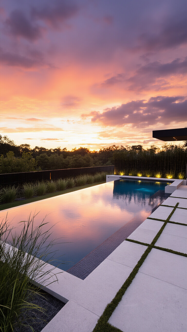 Modern zero-edge pool at sunset with glowing LED lights, reflecting dramatic sky; minimal landscaping includes black bamboo and horsetail reed, with limestone deck and synthetic lawn panels.