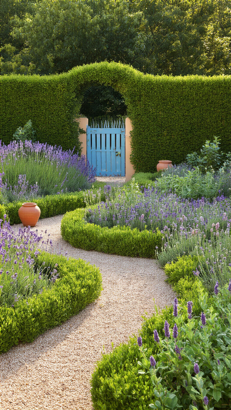 Mediterranean herb garden with boxwood hedging, lavender, sage, and thyme, framed by gravel paths and terracotta pots under warm afternoon light.