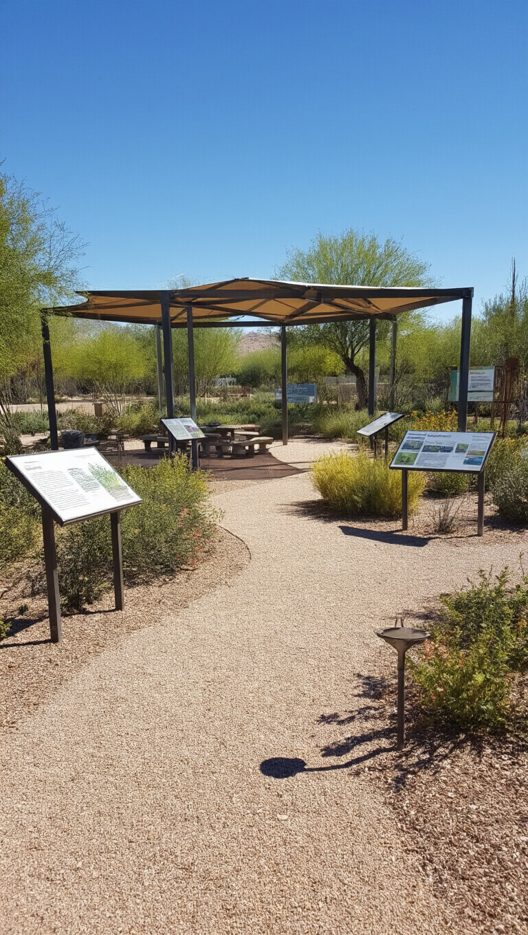 Desert demonstration garden with educational displays, steel plant markers, and granite paths around central shade structure at midday.