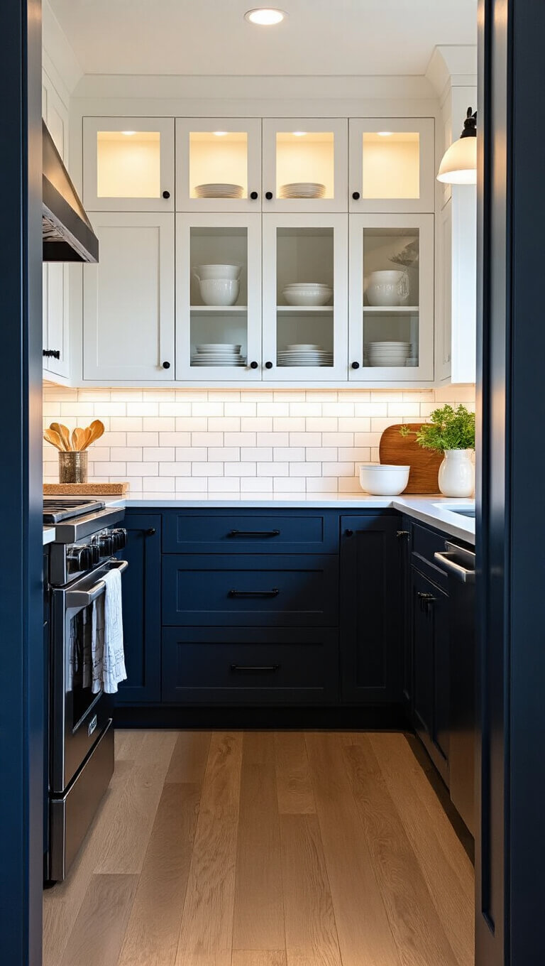 Late afternoon kitchen with navy base cabinets, white uppers, subway tile backsplash, and warm golden hour lighting in a moody galley layout.