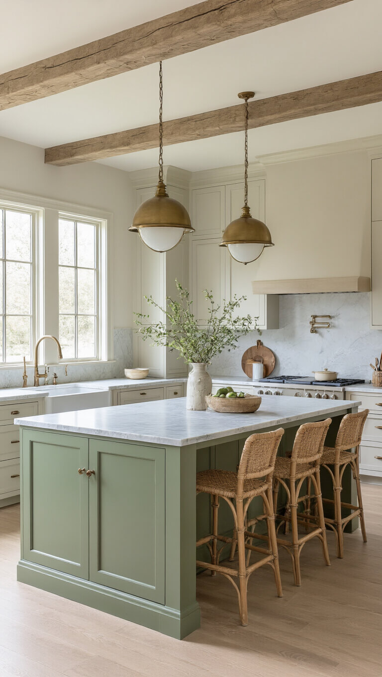 Organic kitchen with sage green island, warm greige cabinets, marble countertops, exposed beams, and brass pendant lights in morning light.