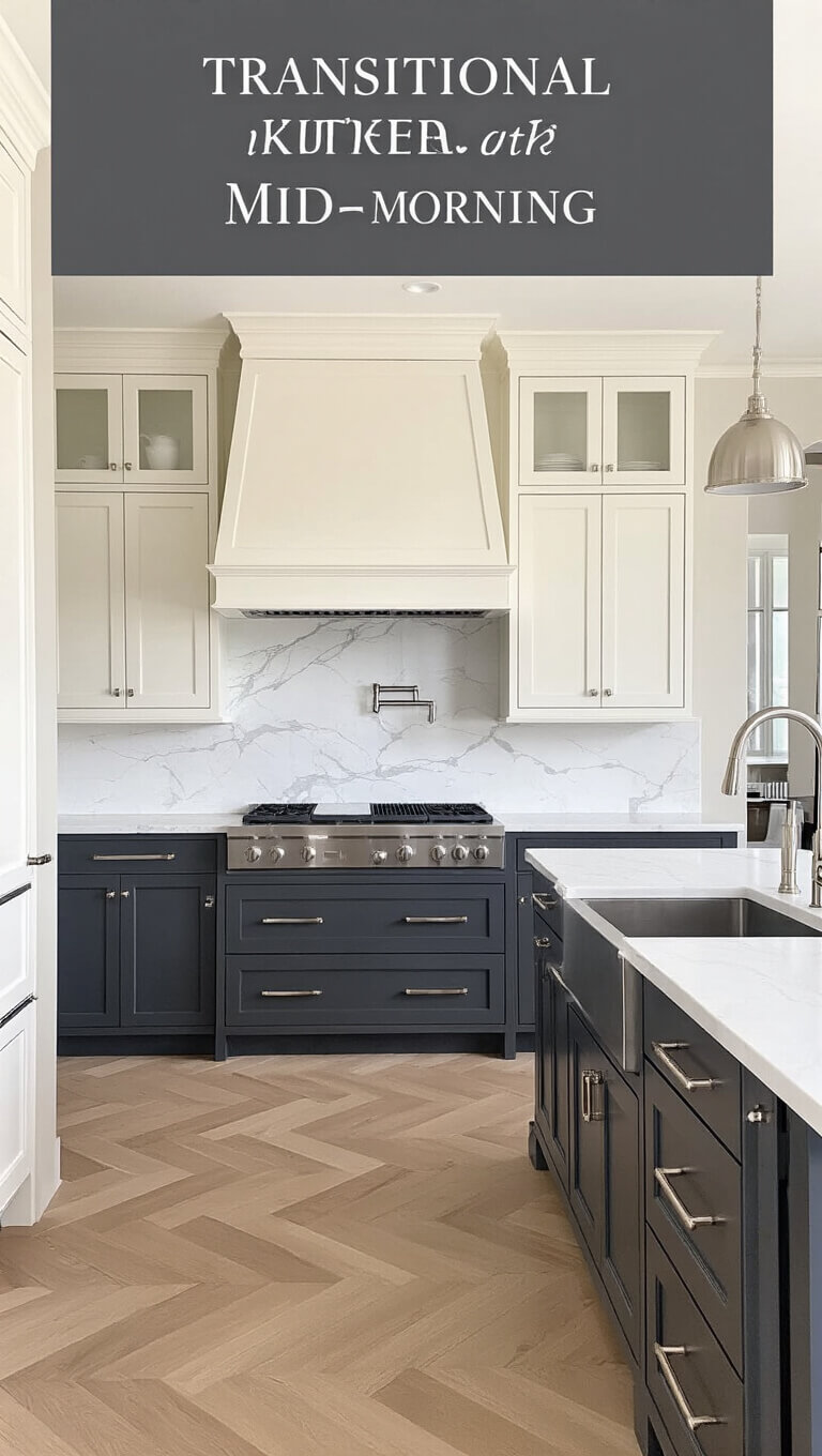 Transitional kitchen with creamy white upper cabinets, charcoal gray lower cabinets, large waterfall island, herringbone white oak floors, and full-height marble backsplash.