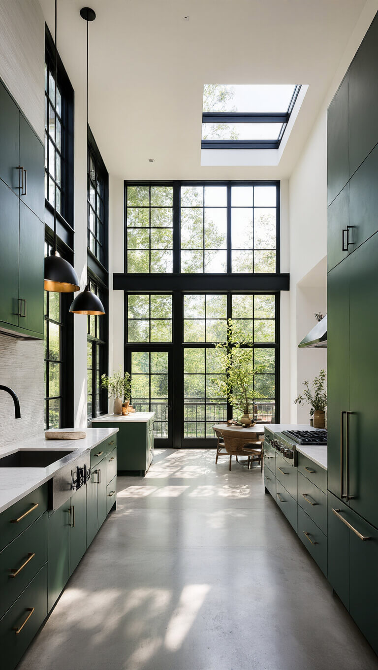 Contemporary two-story kitchen with forest green lower cabinets, white uppers, black steel-framed windows, concrete floors, and dramatic afternoon lighting, viewed from mezzanine level.