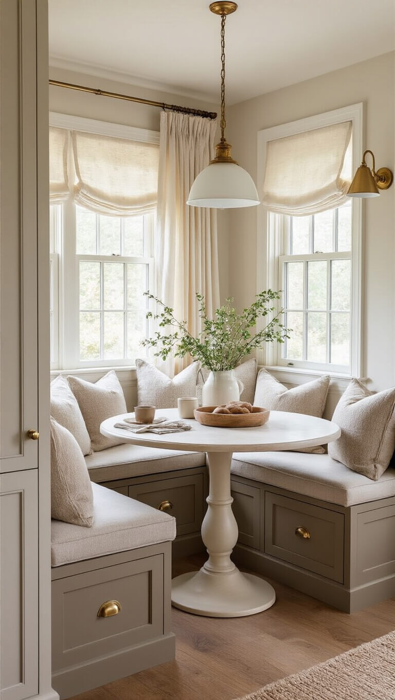 Cozy kitchen nook with taupe banquette, round pedestal table, white cabinets, and soft morning light through café curtains.