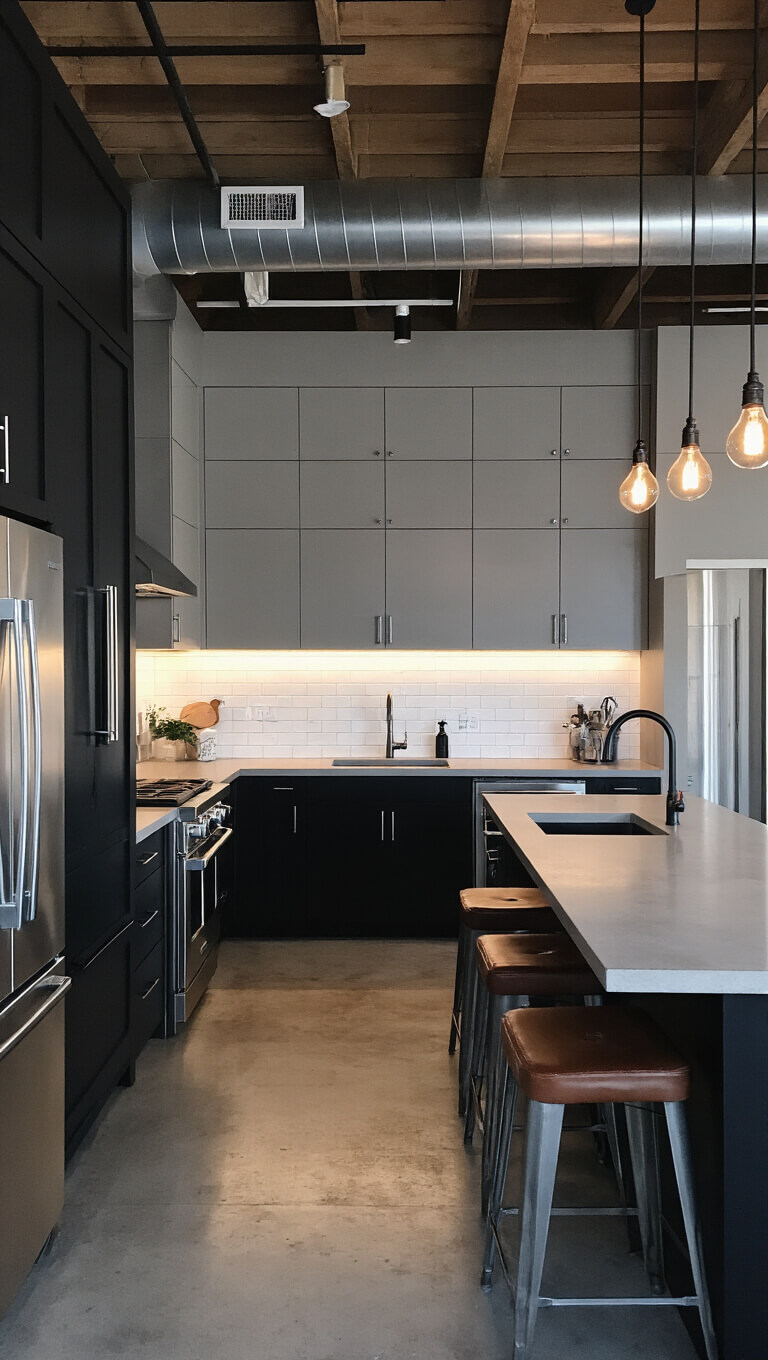 Industrial-modern kitchen at dusk with black lower cabinets, light gray uppers, stainless steel appliances, concrete countertops, Edison bulb lighting, and exposed ductwork.