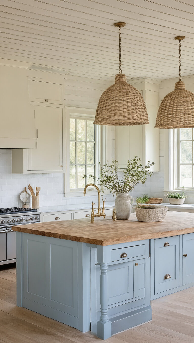 Farmhouse kitchen with soft blue lower cabinets, cream uppers, butcher block island, and woven pendant lights in morning sunlight.