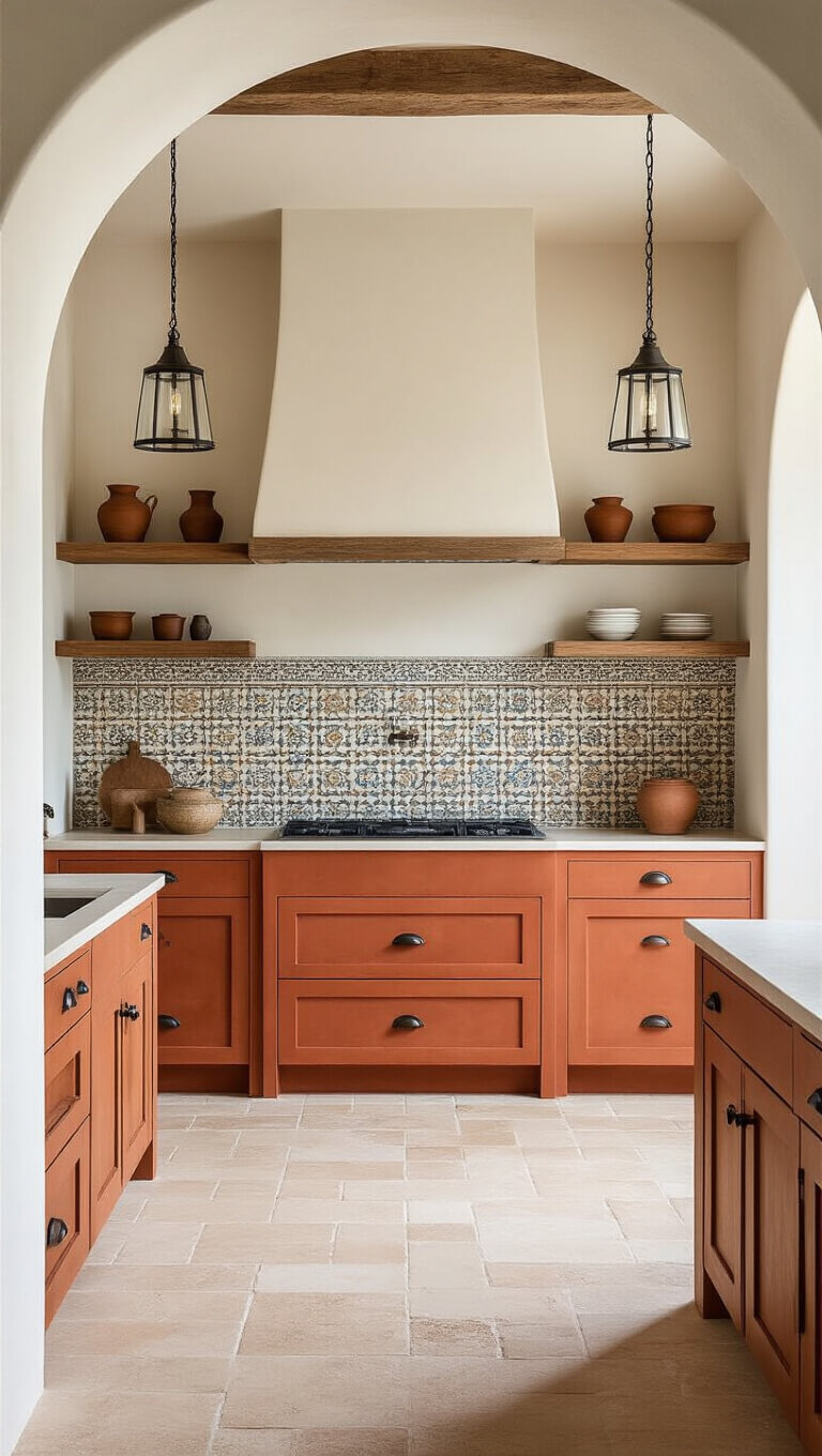 Modern Mediterranean kitchen with terra cotta cabinets, white uppers, arched doorways, patterned tile backsplash, limestone floor, and iron-glass pendant lights in bright natural light.