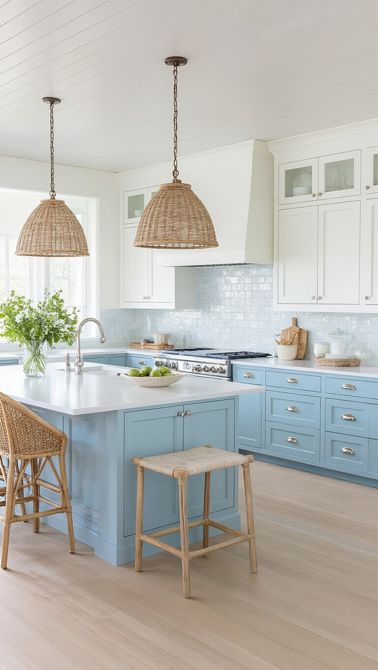 Coastal kitchen with sea glass blue lower cabinets, white uppers, beadboard ceiling, white quartz counters, glass tile backsplash, rattan lighting and stools, and airy afternoon light.