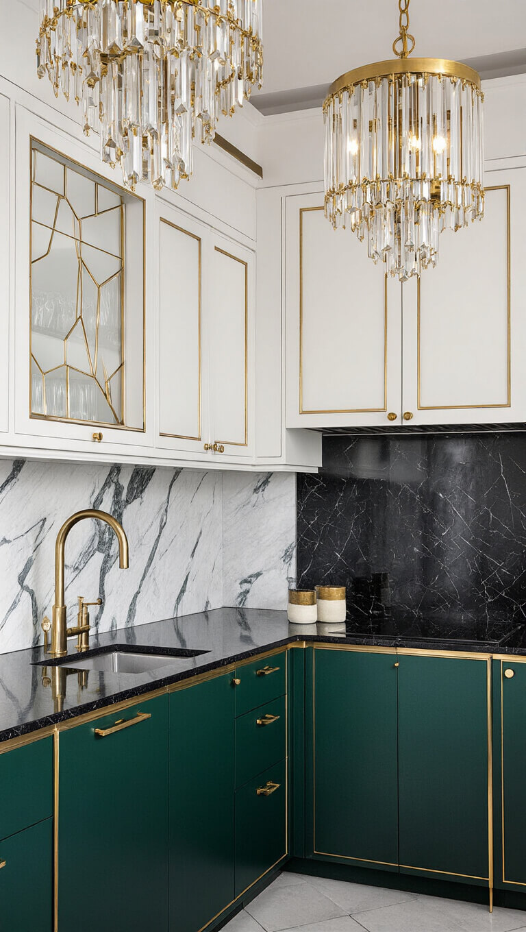 Art Deco kitchen with emerald cabinets, brass-trimmed white uppers, geometric marble backsplash, black granite counters, crystal lighting, and velvet barstools in dramatic lighting.