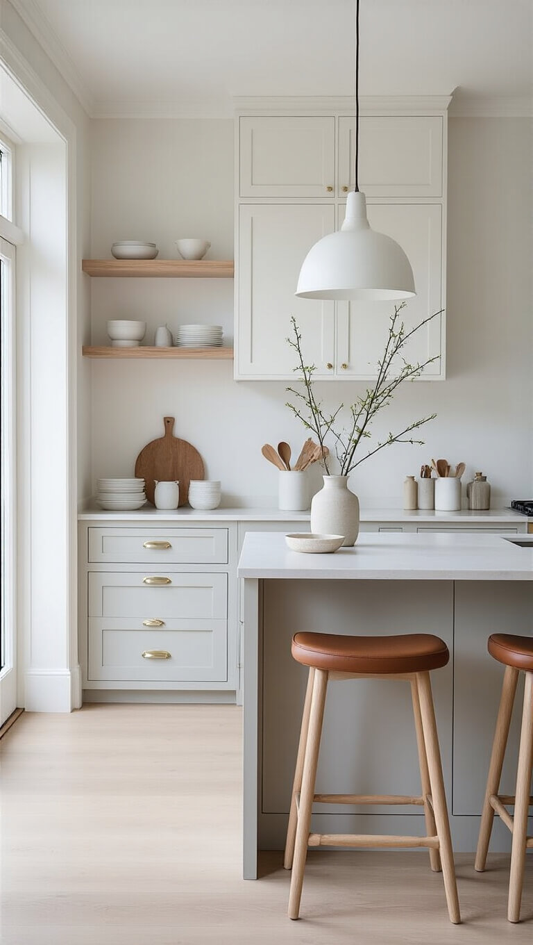 Scandinavian kitchen with pale gray and white cabinets, white oak accents, and minimalist design in cool winter morning light.