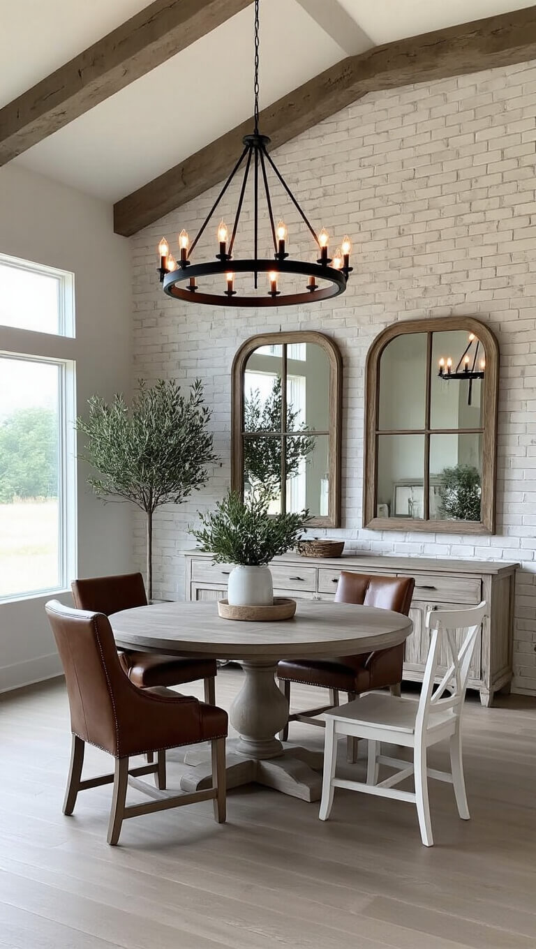 Modern farmhouse dining room with round weathered oak table, black chandelier, mixed seating, vintage mirrors on whitewashed brick wall, and rustic beams under high ceiling.